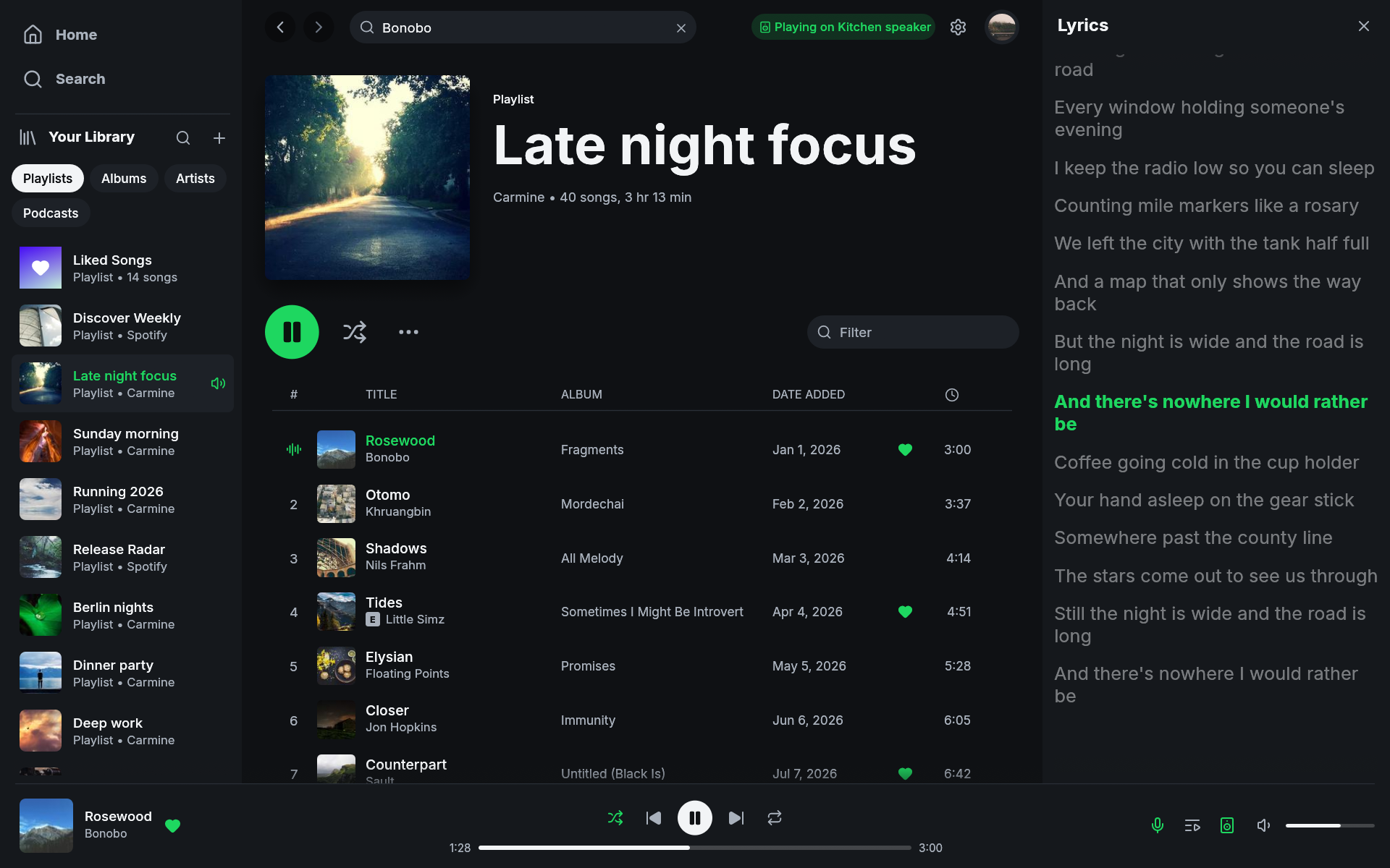 The lyrics panel beside a playlist, following the song